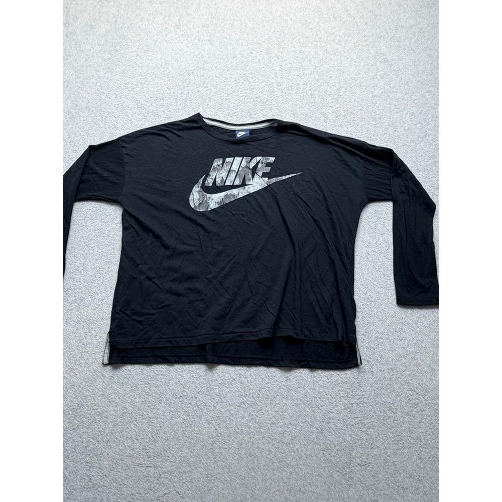 Nike Womens Long Sleeve Graphic Tee Black Silver Logo Oversized Top L 854961-010
